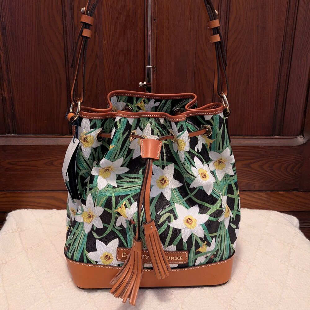 Dooney & Bourke Black Floral Bucket Bag with Tan Trim NWT